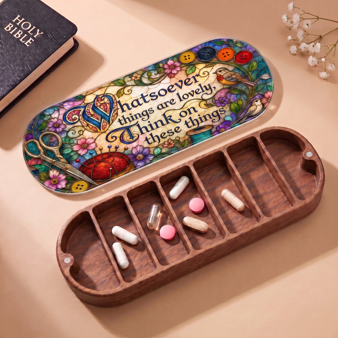 Whatsoever Things Are Lovely sewing and songbirds Pillcase with Holy Bible and daily tablets