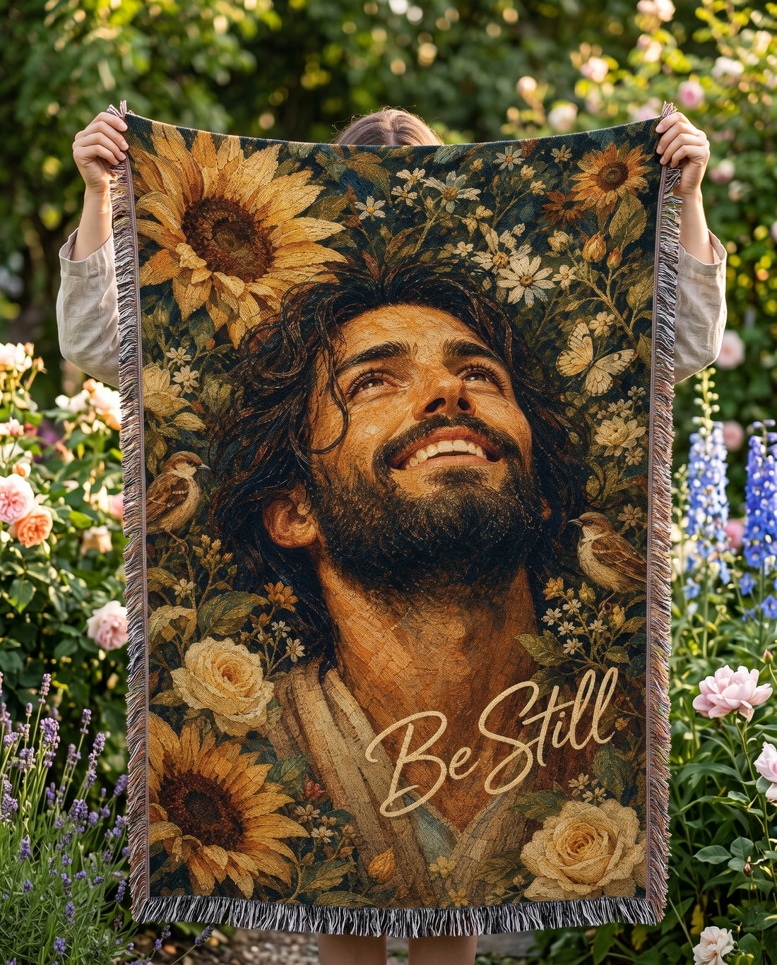 Be Still Sunflower Jesus Woven Blanket gallery image 5