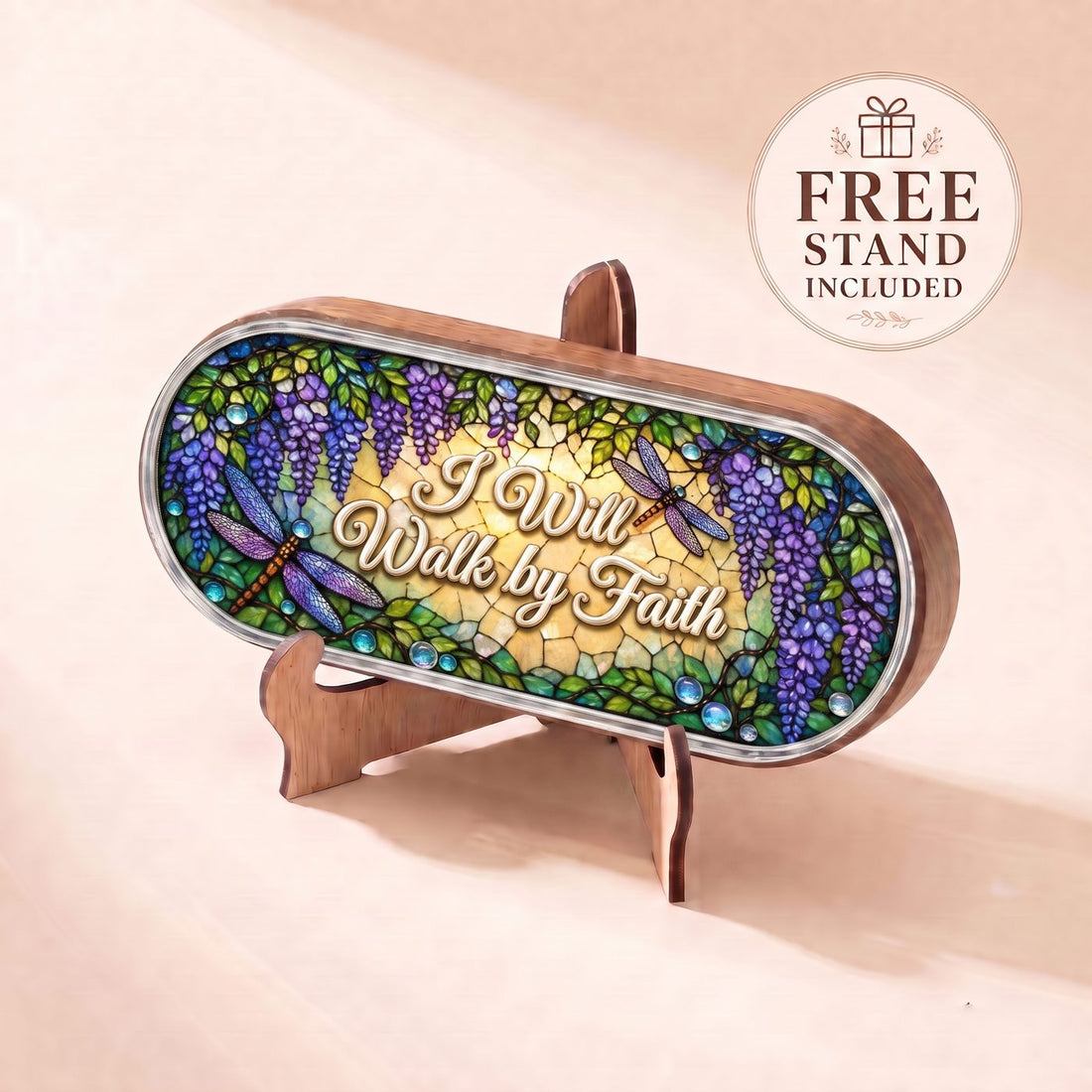"I Will Walk by Faith — Wisteria & Dragonfly Stained Glass" Pill Case — wisteria and dragonfly plaque displayed on the included wooden stand