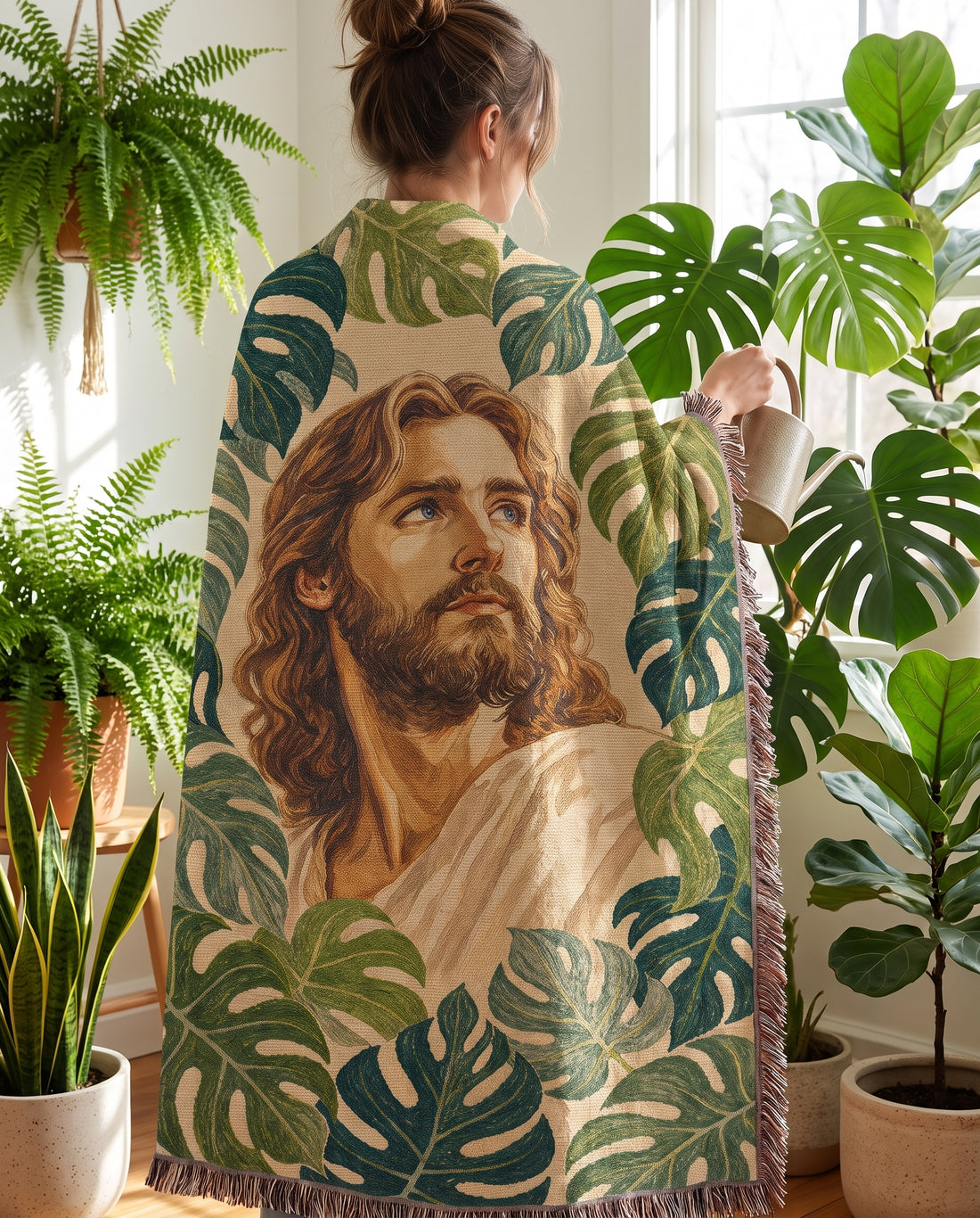 Christ Among the Monstera Leaves Woven Blanket