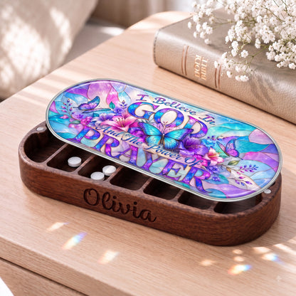 Personalized Olivia Pillcase with I Believe in God and the Power of Prayer floral butterfly artwork beside a Holy Bible