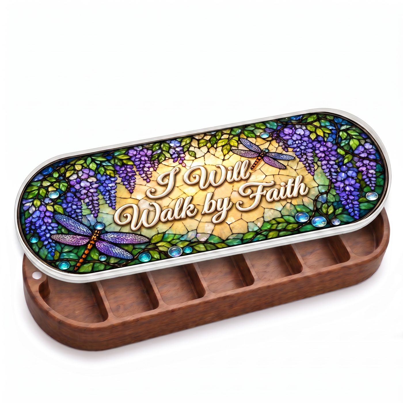 "I Will Walk by Faith — Wisteria & Dragonfly Stained Glass" Pill Case — open wooden wisteria and dragonfly Pill Case on white studio background