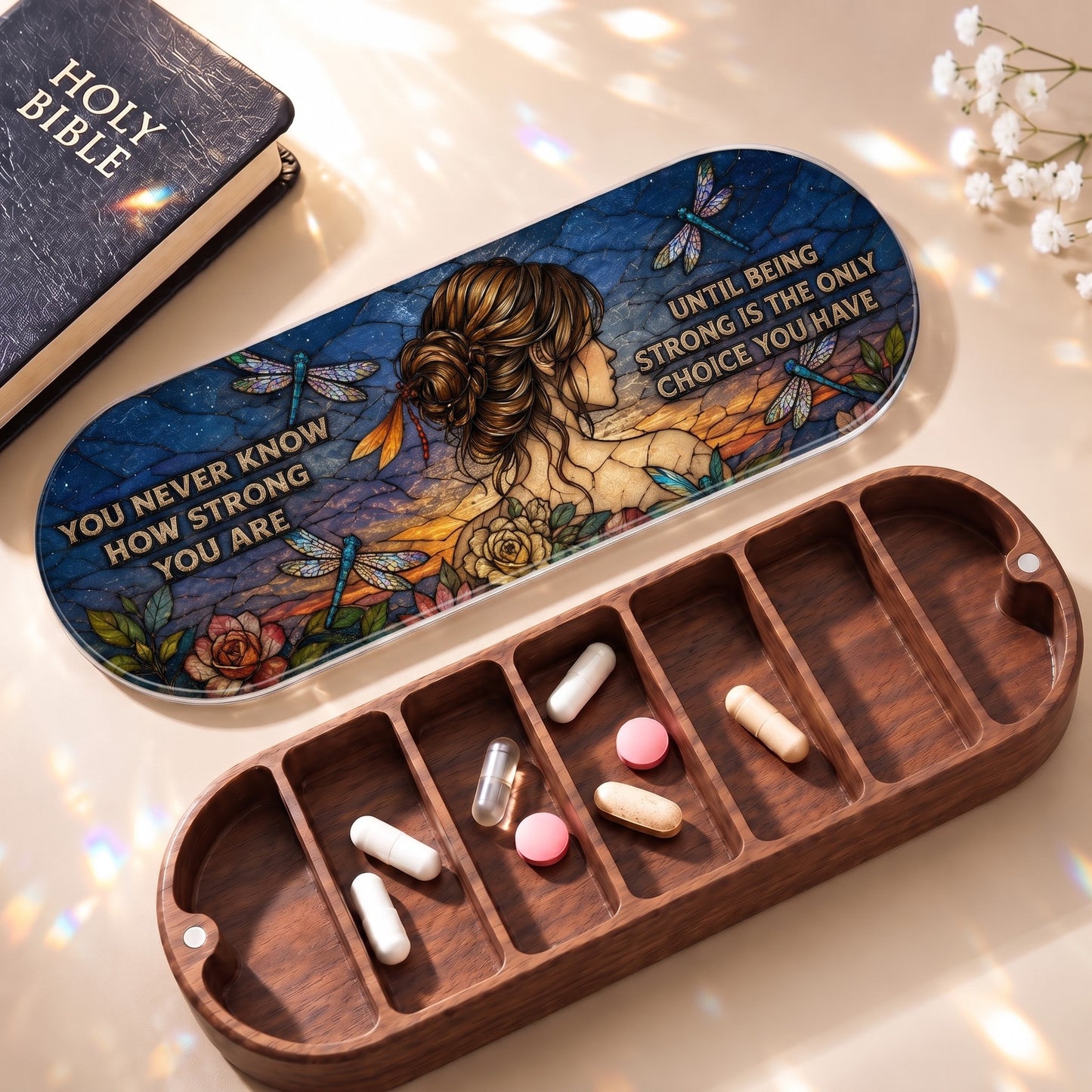 You Never Know How Strong You Are Pillcase with Holy Bible and daily tablets