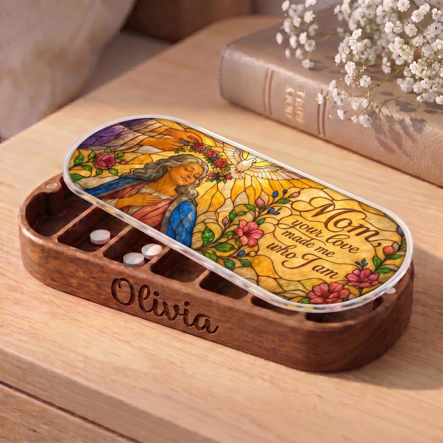 Personalized Olivia Pillcase with crowned mother, white dove, flowers and Mom Your Love Made Me Who I Am lid