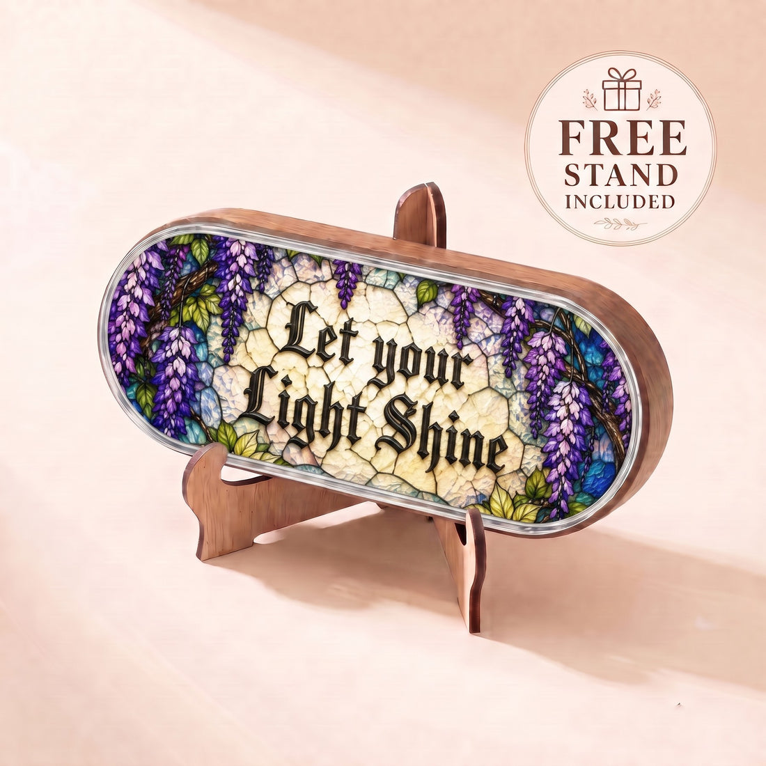 Let Your Light Shine wisteria stained-glass-style Pillcase displayed on included wooden stand