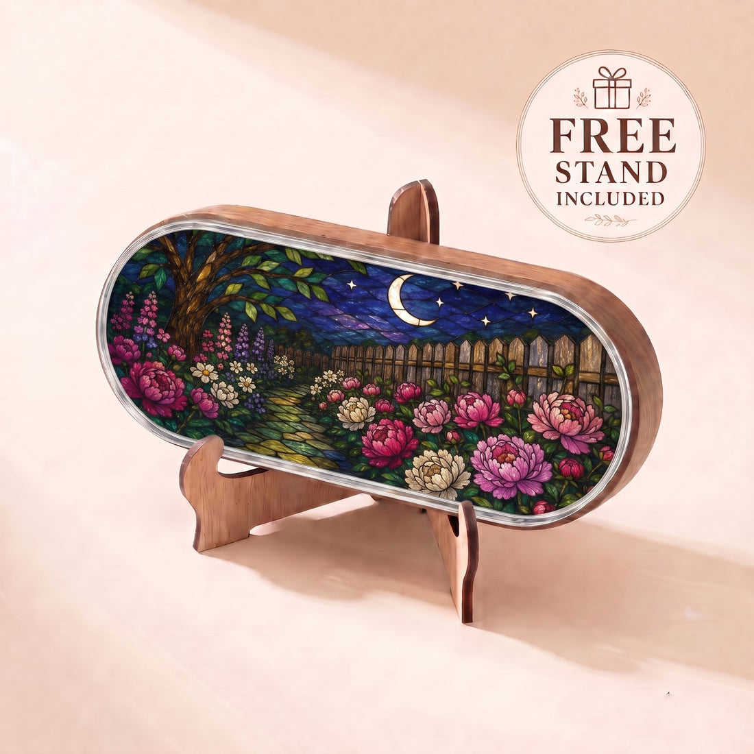 Moonlit Garden Pillcase with crescent moon, stars and colorful peony-like flowers displayed on included stand