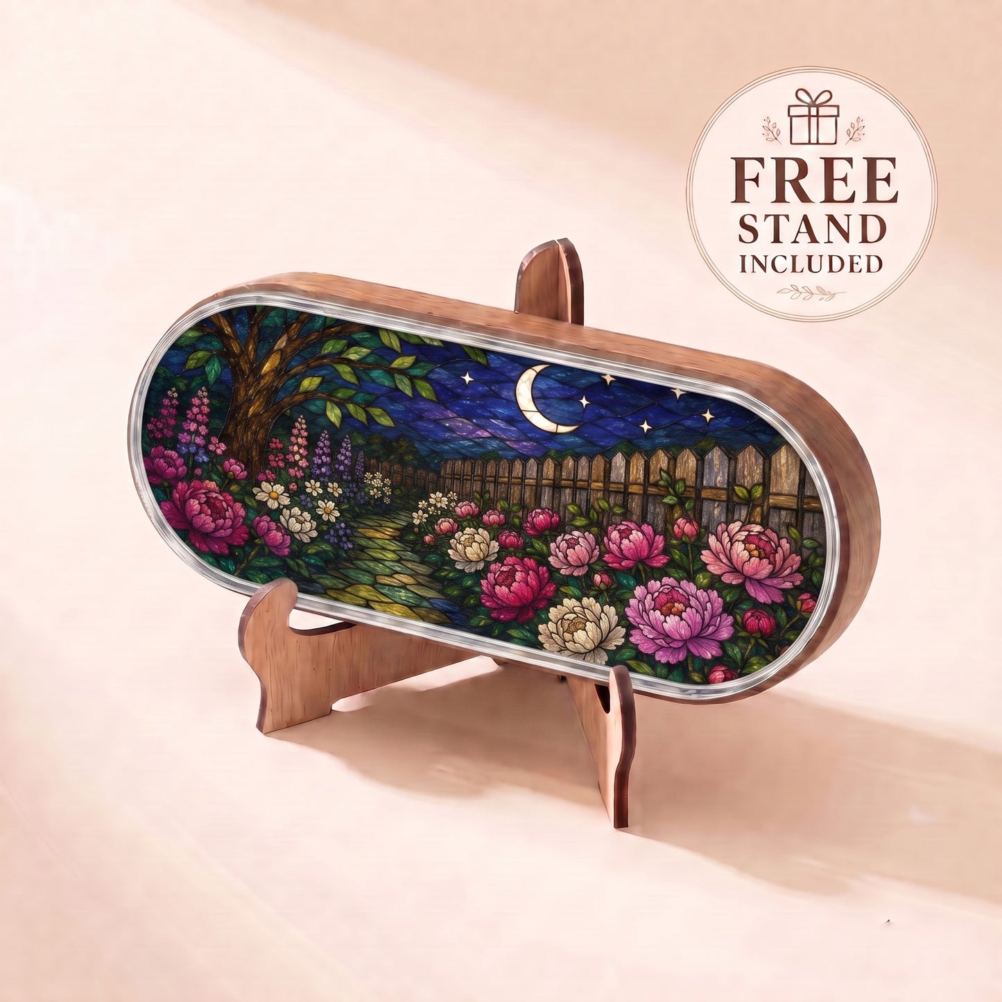 Moonlit Garden Pillcase with crescent moon, stars and colorful peony-like flowers displayed on included stand