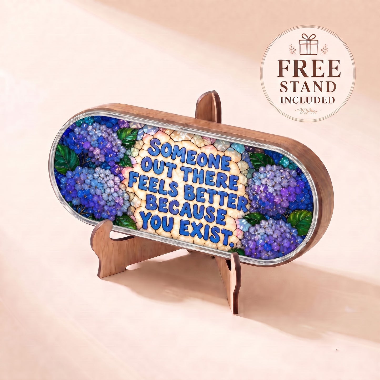 Someone Out There Feels Better Because You Exist blue-hydrangea Pillcase displayed on included wooden stand