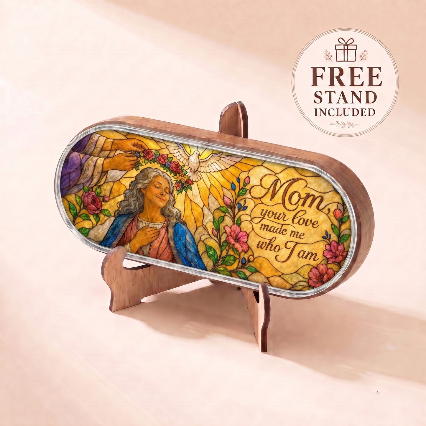 Mom Your Love Made Me Who I Am devotional Pillcase displayed on included wooden stand