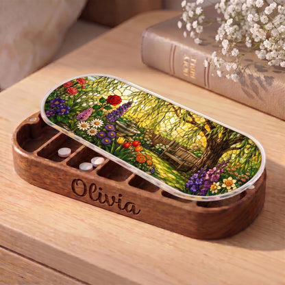 Personalized Olivia Pillcase with willow tree, garden bench, fountain and colorful floral lid
