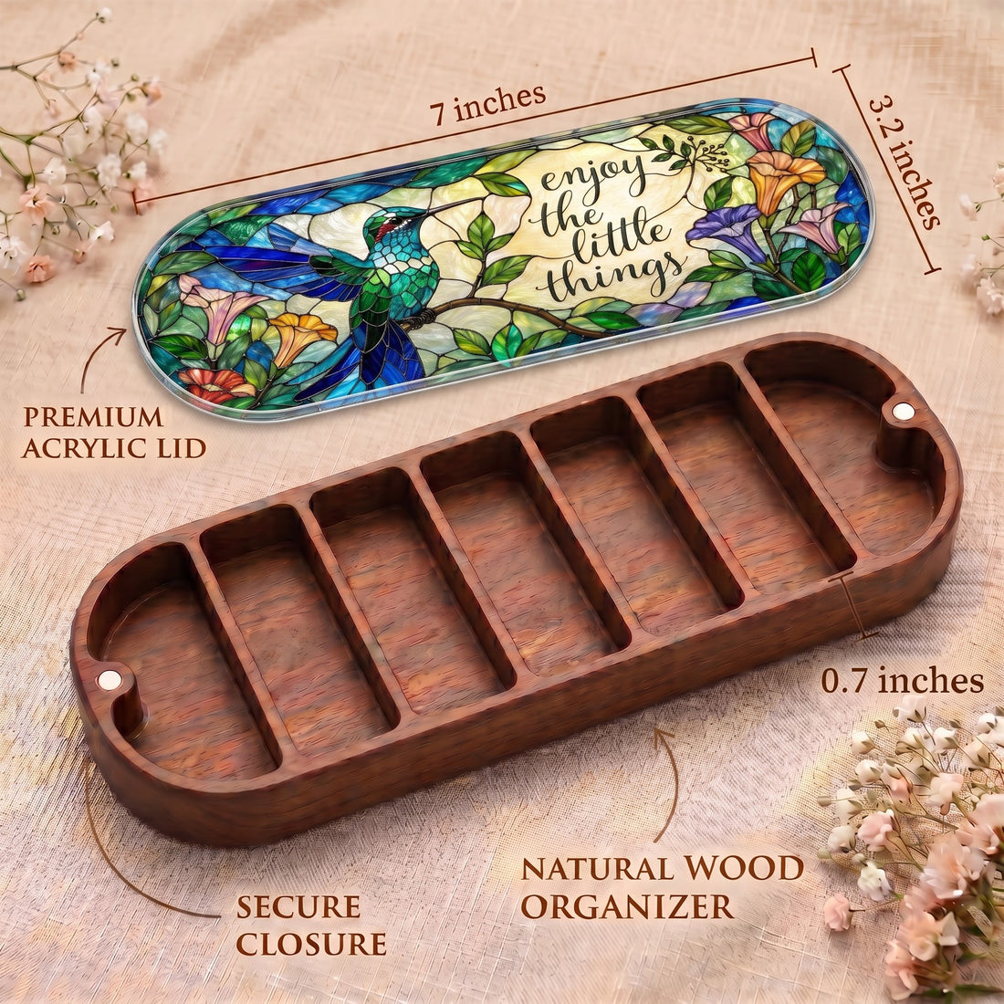 Enjoy the Little Things Pillcase dimensions with acrylic lid, secure closure and natural wood organizer