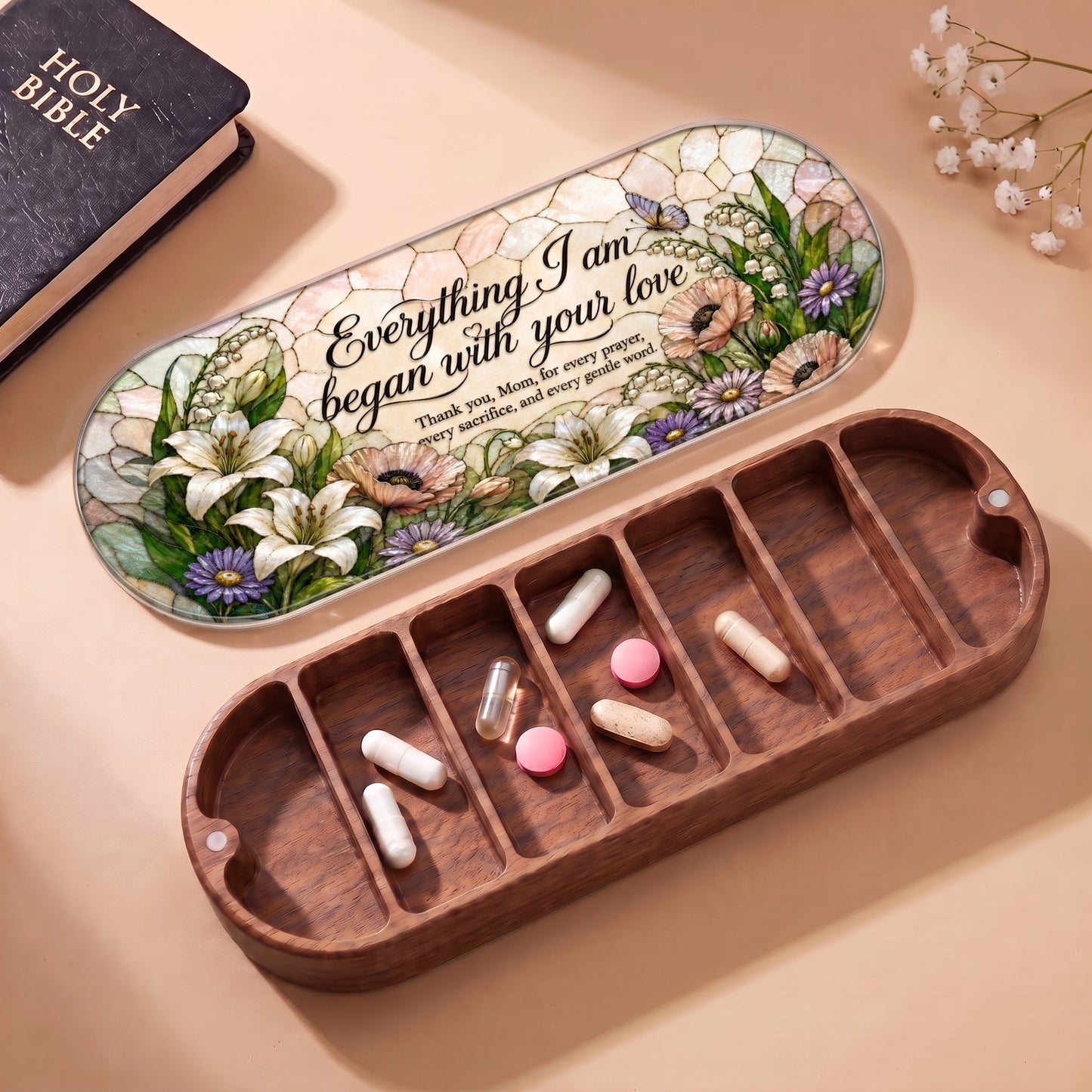 Thank You Mom floral Pillcase with Holy Bible and daily tablets