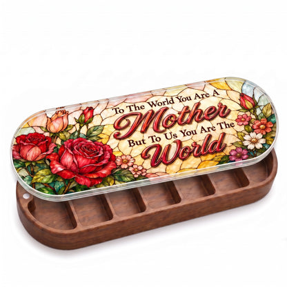 Open wooden To the World You Are a Mother Pillcase with red roses on a stained-glass-style lid on white