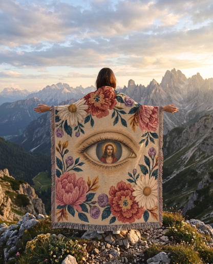 Sacred Eye of Christ Floral Woven Blanket mockup 2