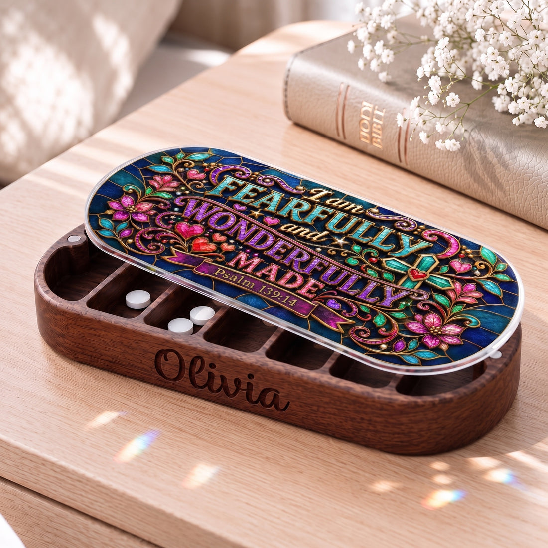 Personalized Olivia wooden Pillcase with I Am Fearfully and Wonderfully Made Psalm 139:14 stained-glass artwork beside a Holy Bible