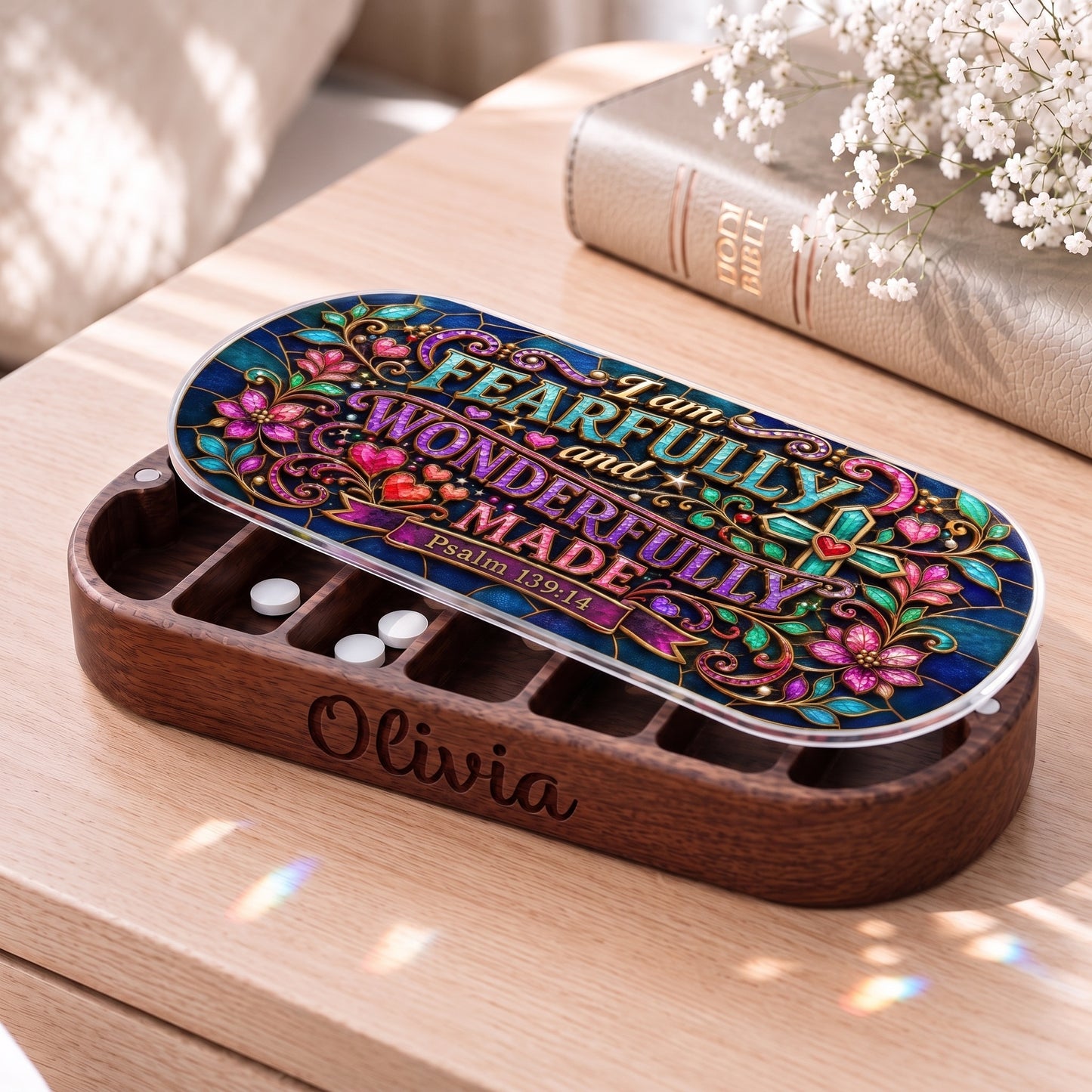 Personalized Olivia wooden Pillcase with I Am Fearfully and Wonderfully Made Psalm 139:14 stained-glass artwork beside a Holy Bible