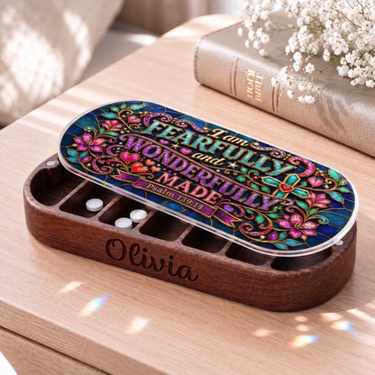 Personalized Olivia wooden Pillcase with I Am Fearfully and Wonderfully Made Psalm 139:14 stained-glass artwork beside a Holy Bible