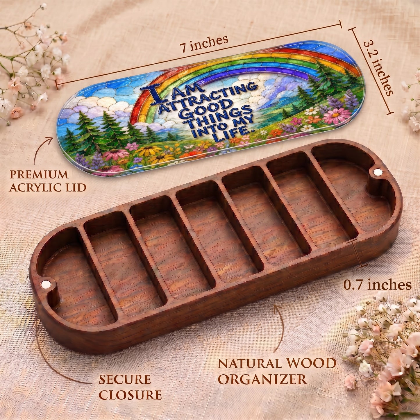 Rainbow meadow Pillcase dimensions with premium acrylic lid, secure closure and natural wood organizer
