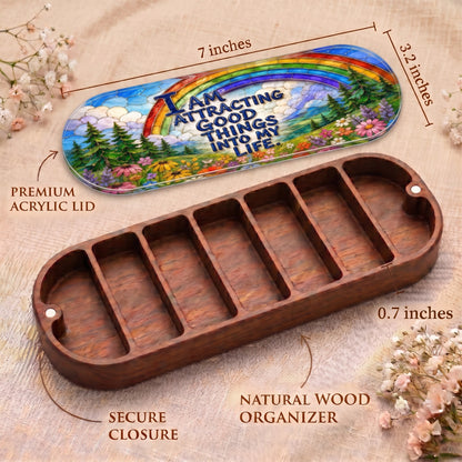 Rainbow meadow Pillcase dimensions with premium acrylic lid, secure closure and natural wood organizer