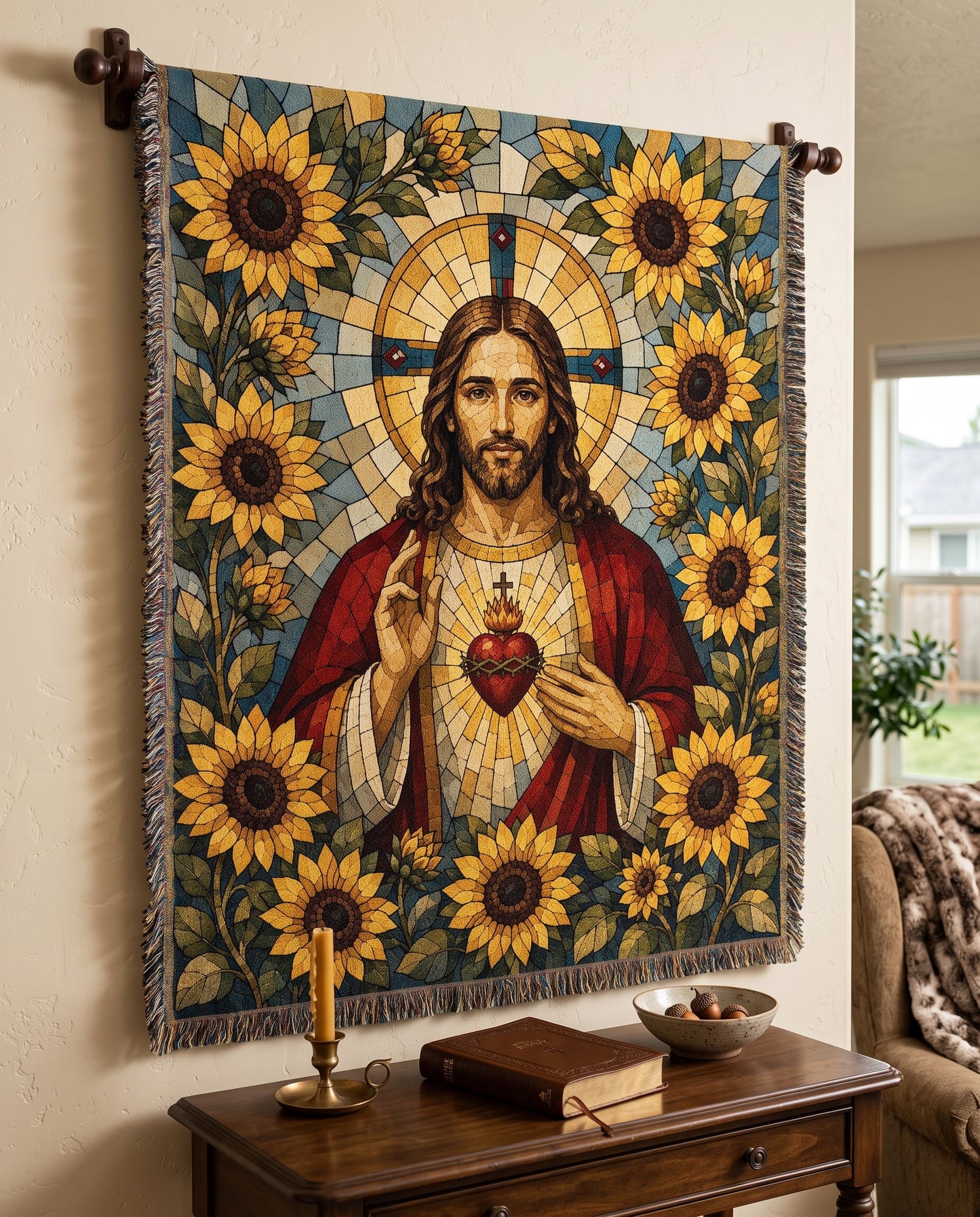 Sacred Heart of Jesus - Sunflower Mosaic Woven Blanket