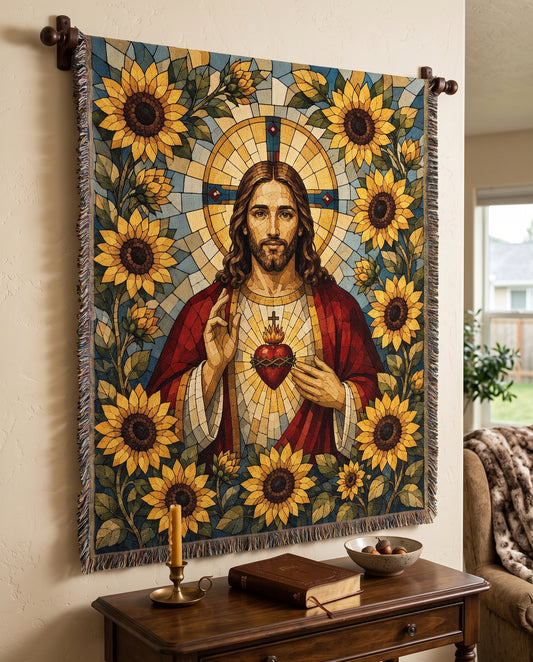 Sacred Heart of Jesus - Sunflower Mosaic Woven Blanket