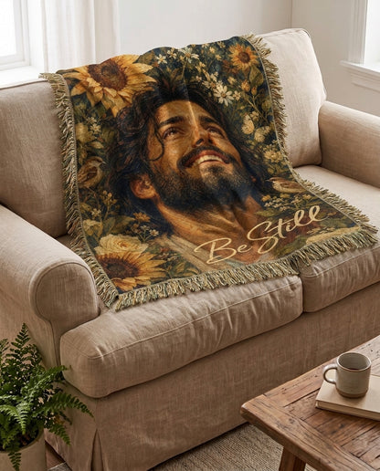 Be Still Sunflower Jesus Woven Blanket gallery image 1