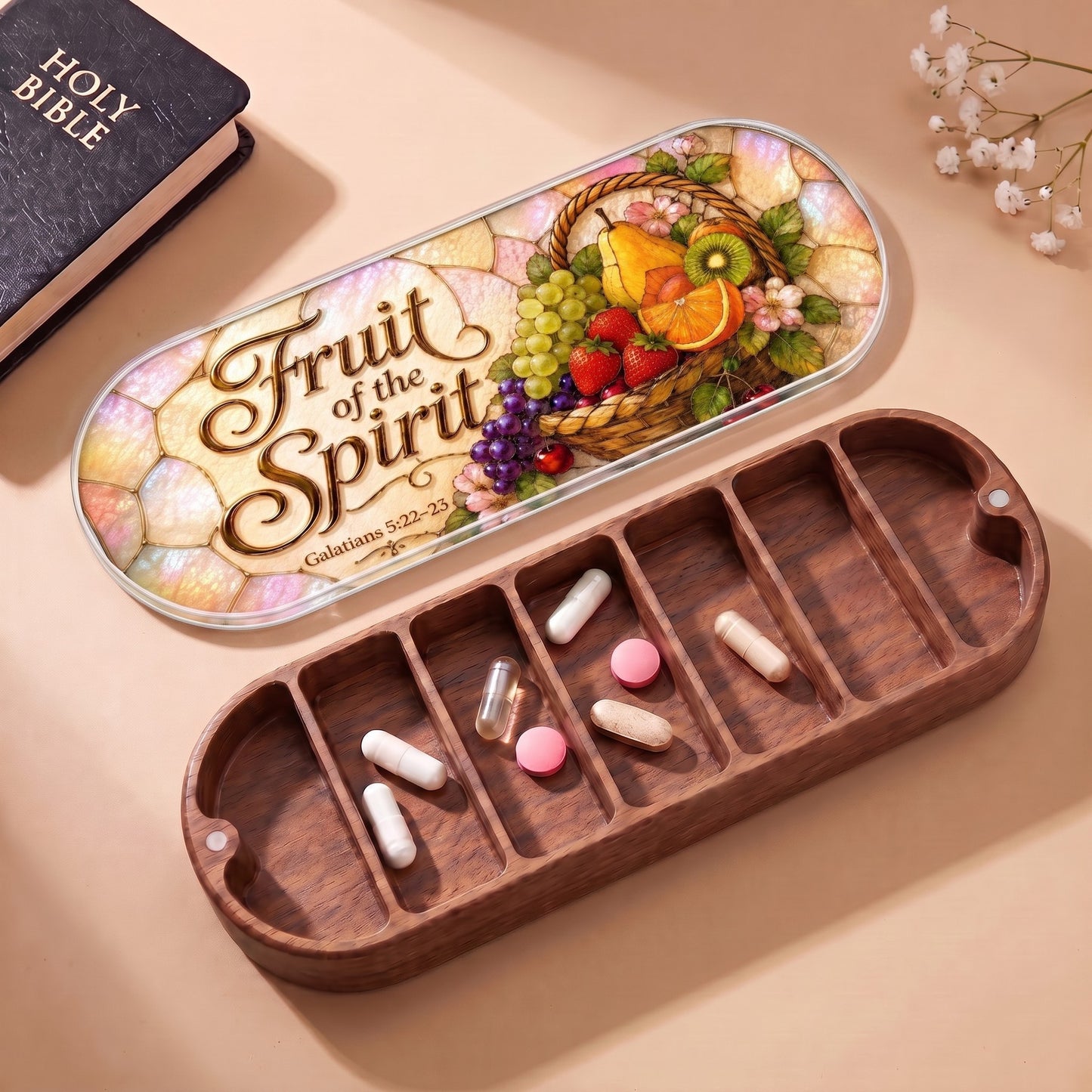 Fruit of the Spirit Galatians 5:22–23 Pillcase with Holy Bible, fruit basket lid and daily tablets
