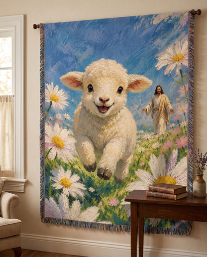 Joyful Lamb with Jesus in the Daisy Meadow Woven Blanket