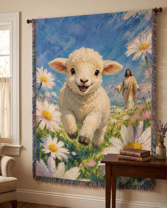 Joyful Lamb with Jesus in the Daisy Meadow Woven Blanket
