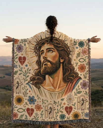 Crowned in Grace - Floral Jesus Woven Blanket