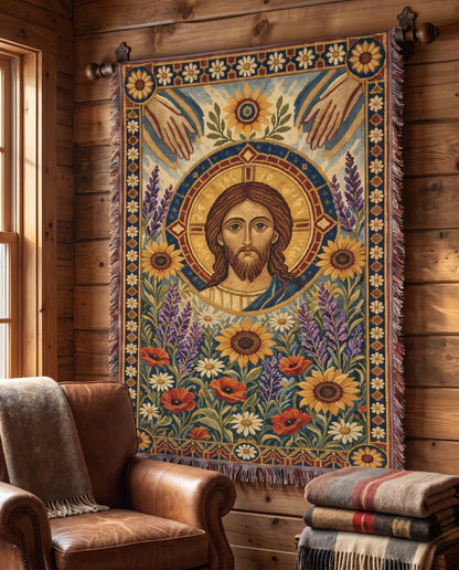 Cabin wall tapestry styling - Christ Among the Wildflowers Woven Blanket