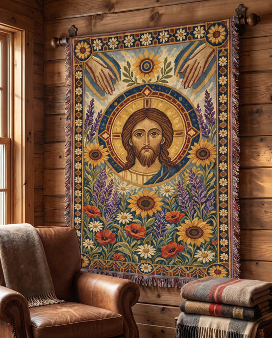 Cabin wall tapestry styling - Christ Among the Wildflowers Woven Blanket