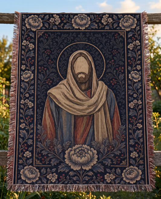 Christ icon woven blanket hanging on rustic fence showing full artwork and fringe