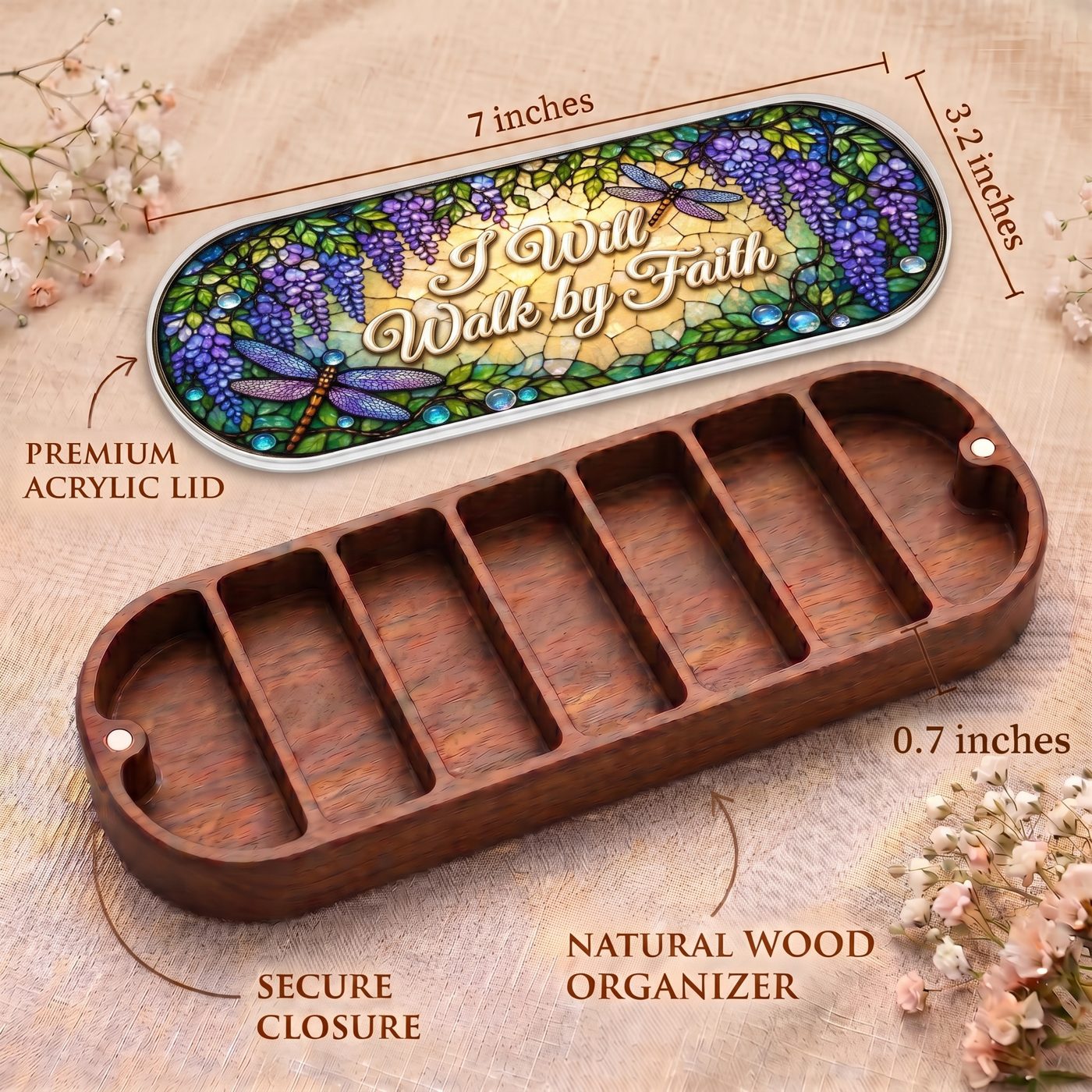 "I Will Walk by Faith — Wisteria & Dragonfly Stained Glass" Pill Case — Pill Case dimensions, acrylic wisteria lid, natural wood organizer, and secure closure