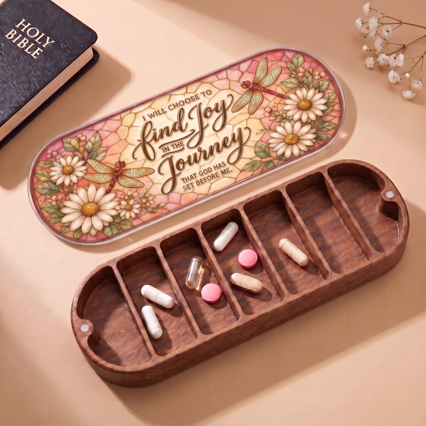 "I Will Choose to Find Joy in the Journey That God Has Set Before Me — Daisy & Dragonfly Stained Glass" Pill Case dimensions and features