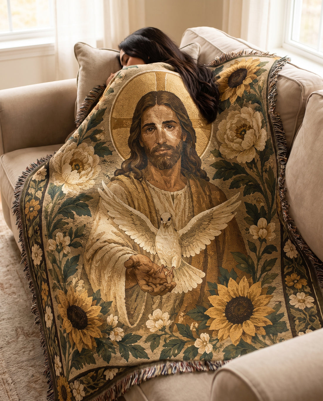 Cozy sofa use mockup - Jesus and dove woven blanket