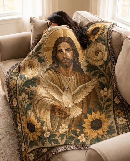 Cozy sofa use mockup - Jesus and dove woven blanket