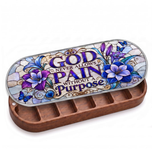 Open wooden Pillcase with God Never Allows Pain Without a Purpose purple floral stained-glass-style lid on white