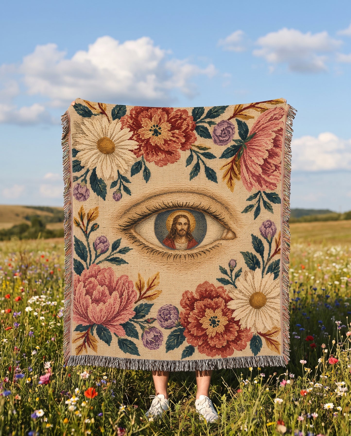 Sacred Eye of Christ Floral Woven Blanket mockup 7