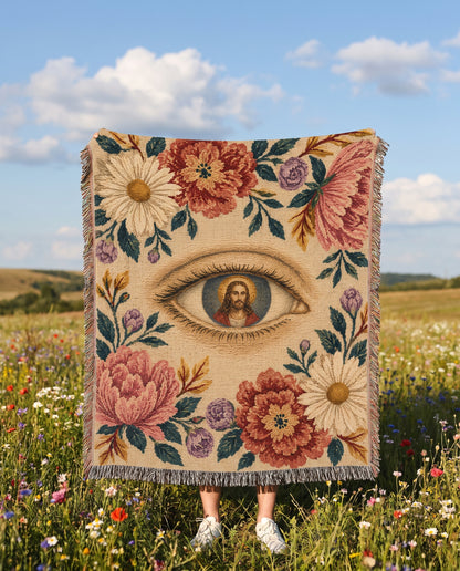 Sacred Eye of Christ Floral Woven Blanket mockup 7