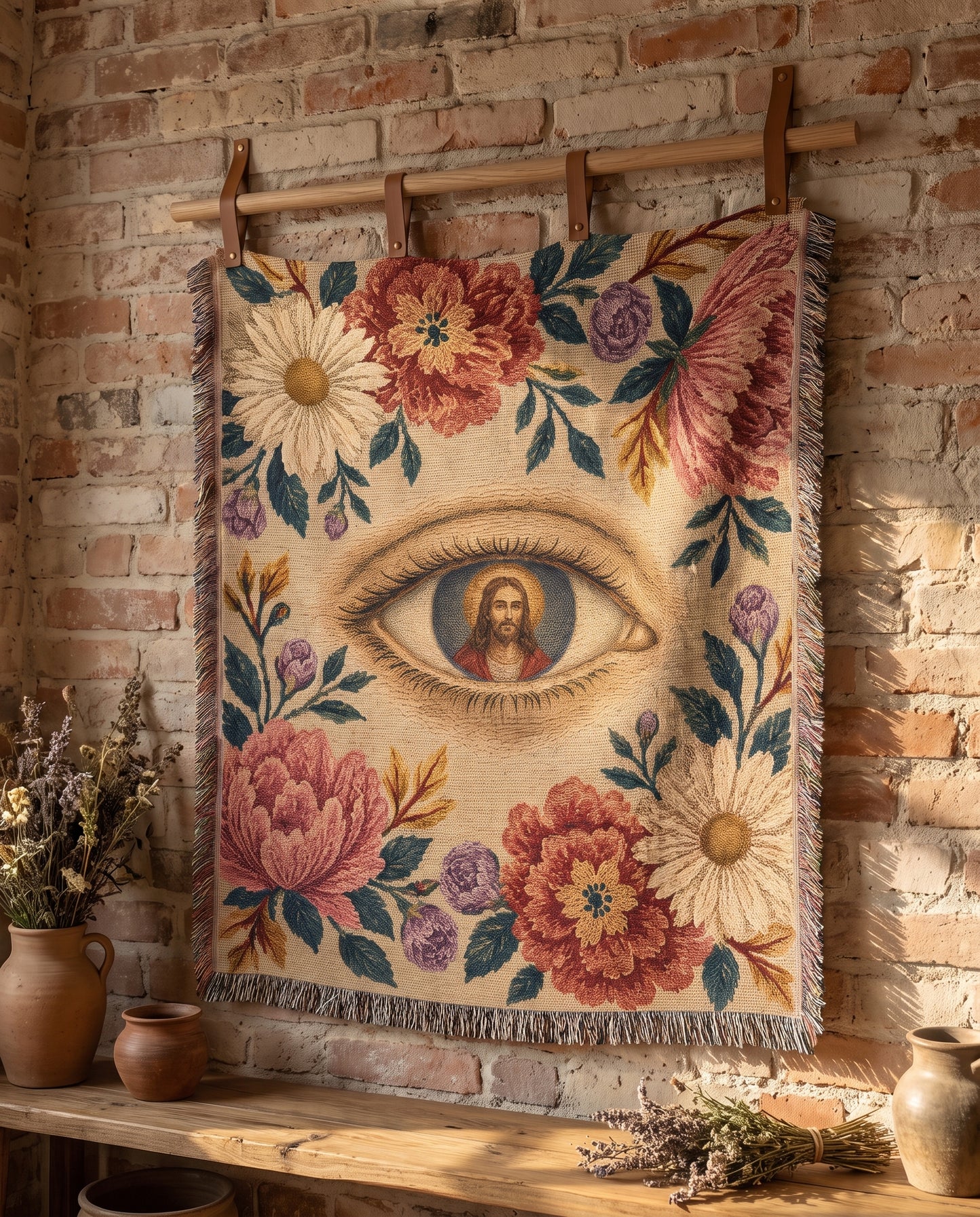 Sacred Eye of Christ Floral Woven Blanket mockup 5