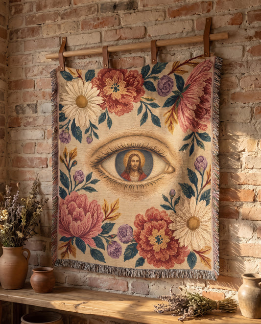 Sacred Eye of Christ Floral Woven Blanket mockup 5