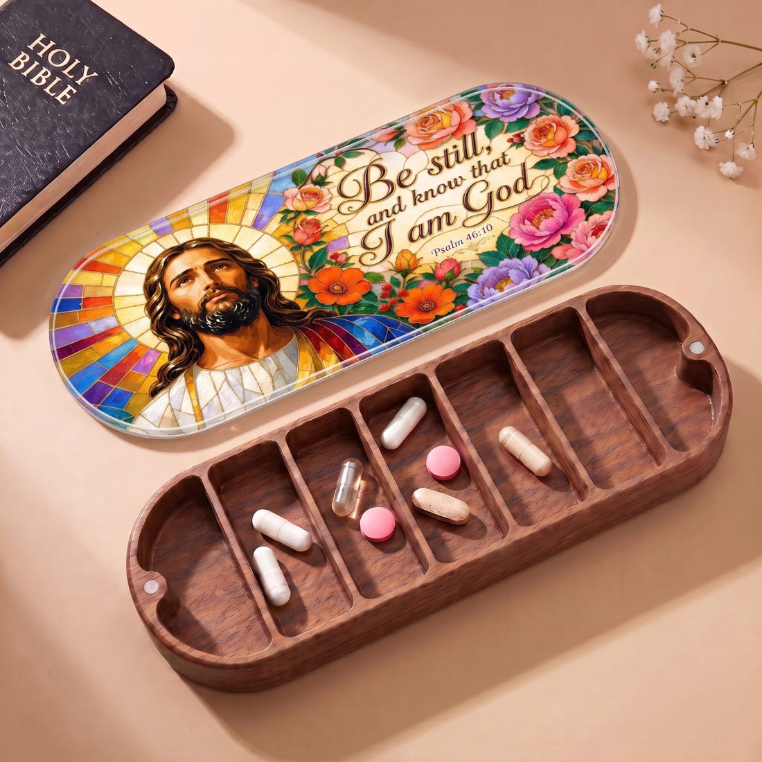 Be Still and Know Psalm 46:10 Stained Glass Pill Case clean product view
