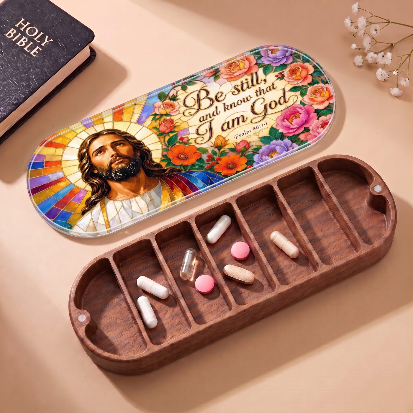 Be Still and Know Psalm 46:10 Stained Glass Pill Case clean product view