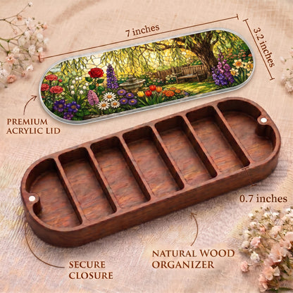 Peaceful Garden Retreat Pillcase dimensions with garden acrylic lid, secure closure and natural wood organizer