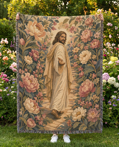 Garden held display - Walk With Jesus Vintage Floral Woven Blanket