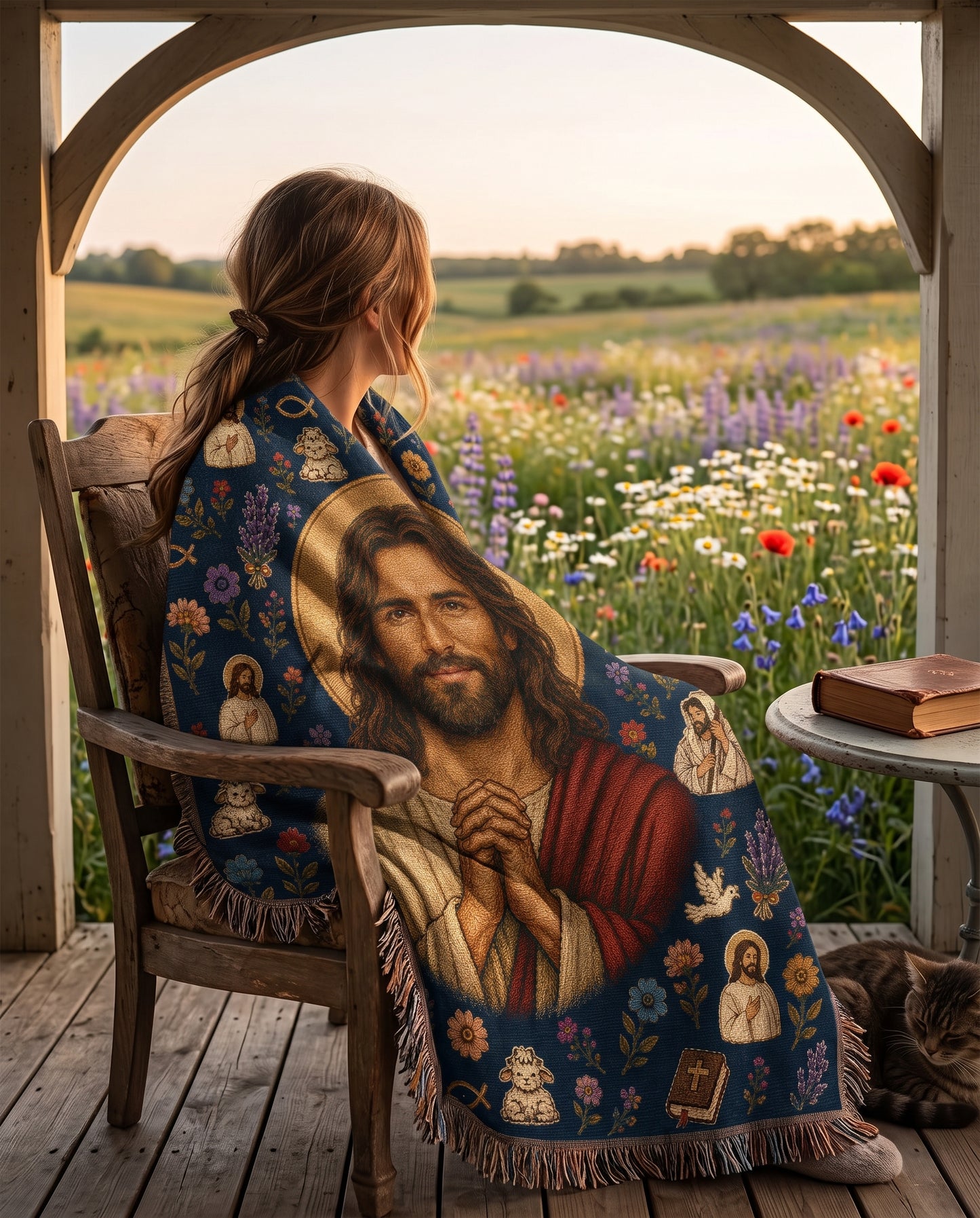 Praying Jesus - Good Shepherd Garden Woven Blanket