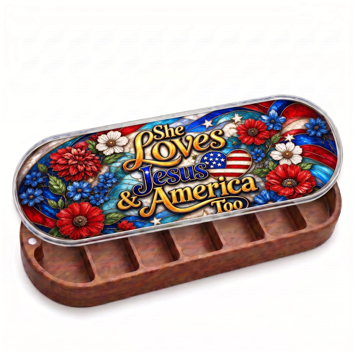 Open wooden Pillcase with She Loves Jesus and America Too stained-glass patriotic floral lid on white
