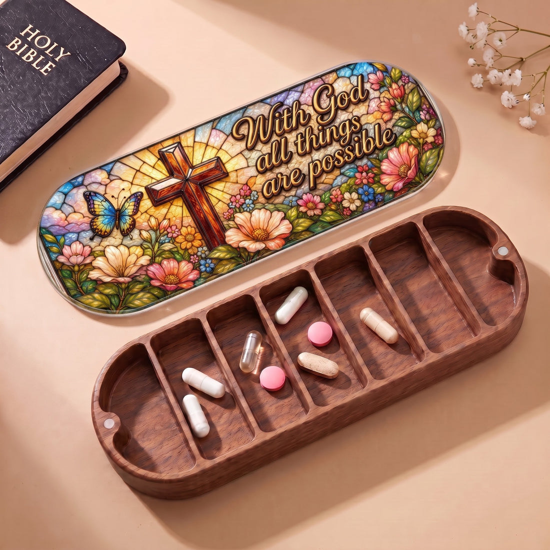 With God All Things Are Possible Pillcase with Holy Bible, floral lid and daily tablets
