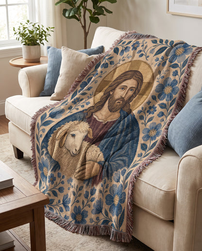 Good Shepherd of Grace - Blue Garden Woven Blanket - Good Shepherd blue garden woven blanket on cream sofa